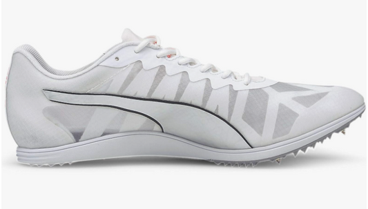 White running shoe with unique pattern on a white background