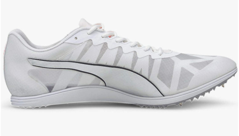 White running shoe with unique pattern on a white background