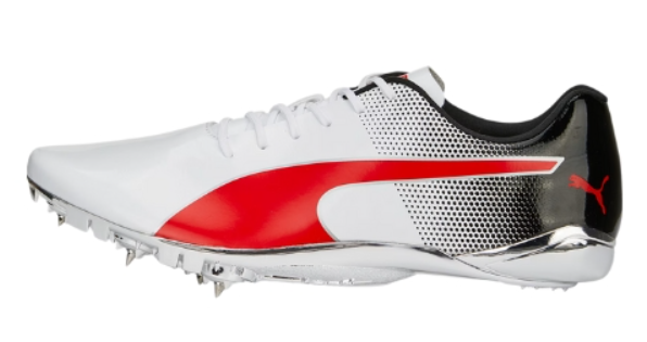 White running shoe with red and black accents on a white background