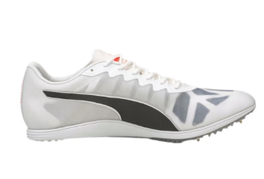 White running shoe with black and gray accents on a white background