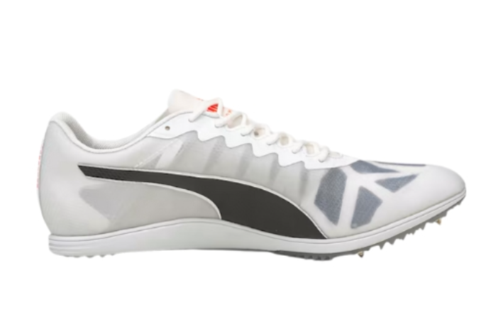 White running shoe with black and gray accents on a white background