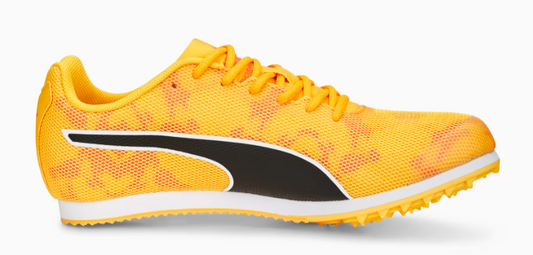 Yellow running shoe with black accent on a white background