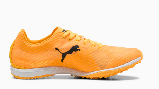 Orange running shoe with a black logo on a white background