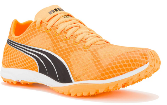 Orange running shoe with black and white accents on a white background