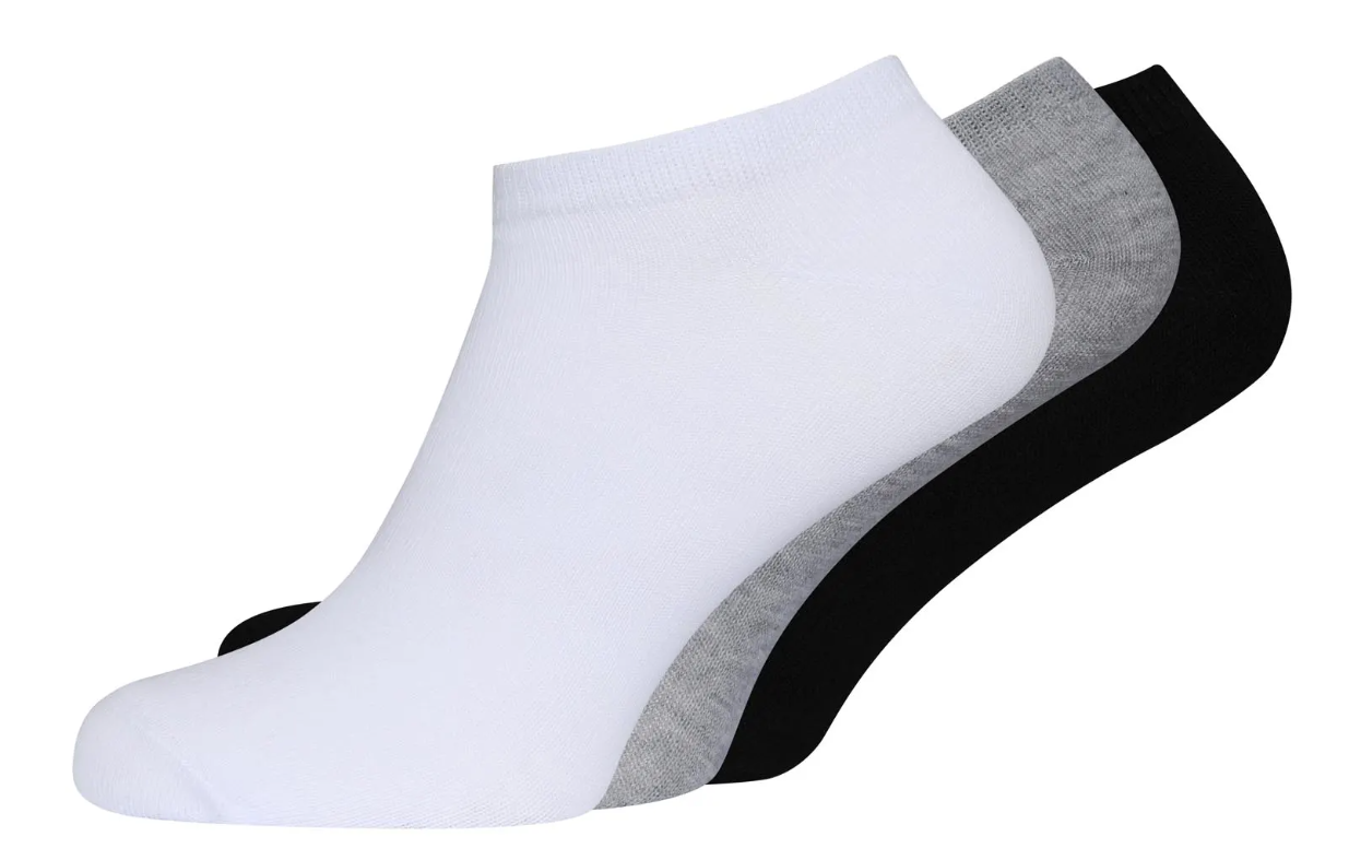 Three pairs of ankle socks in white, gray, and black on a white background