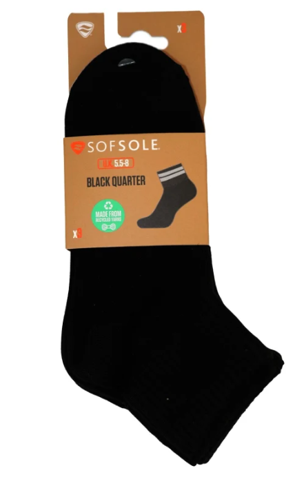 Black quarter-length socks with packaging displaying 'Sof Sole' brand on a white background