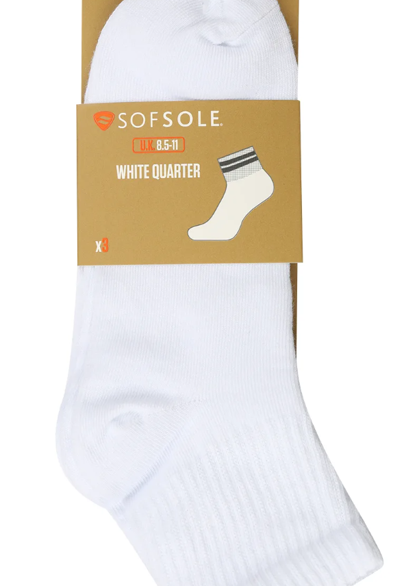White socks with a brown packaging box featuring 'Sof Sole' branding on a white background.