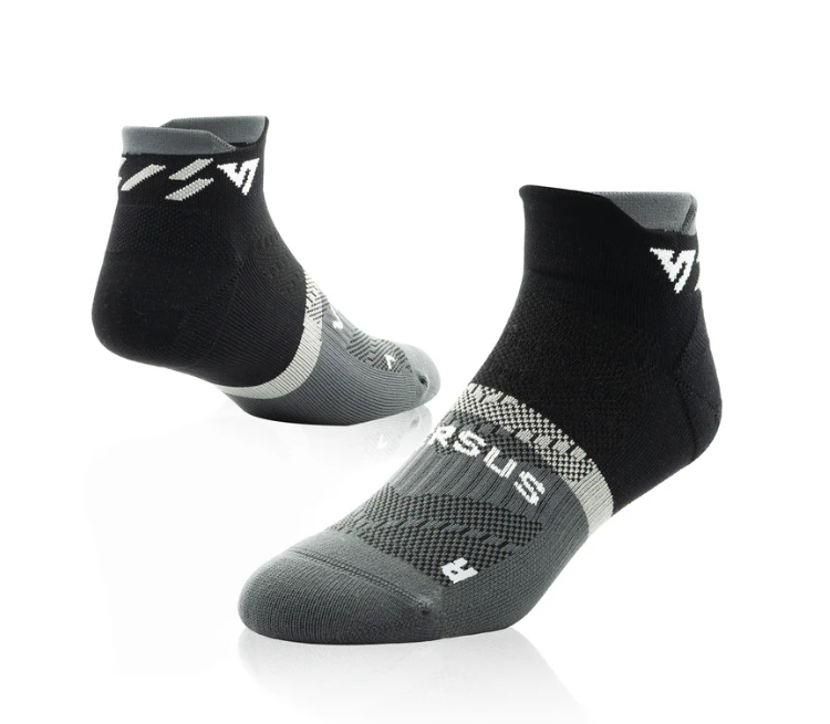 Black and gray socks with a brand logo on a white background