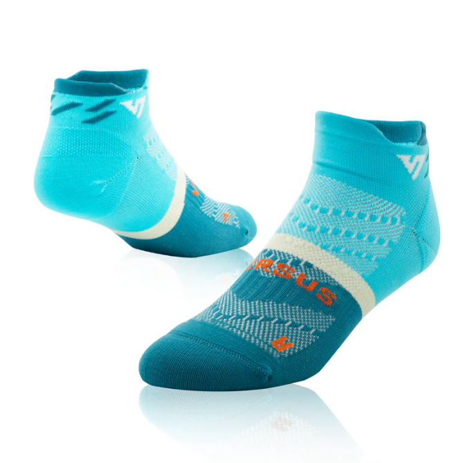 Pair of turquoise socks with a brand logo on a white background