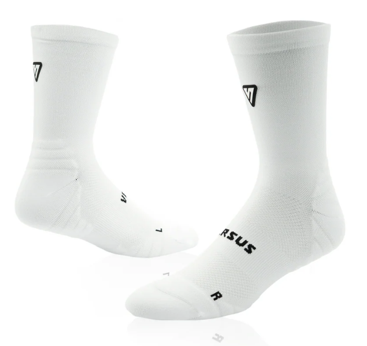 White socks with black branding on a white background