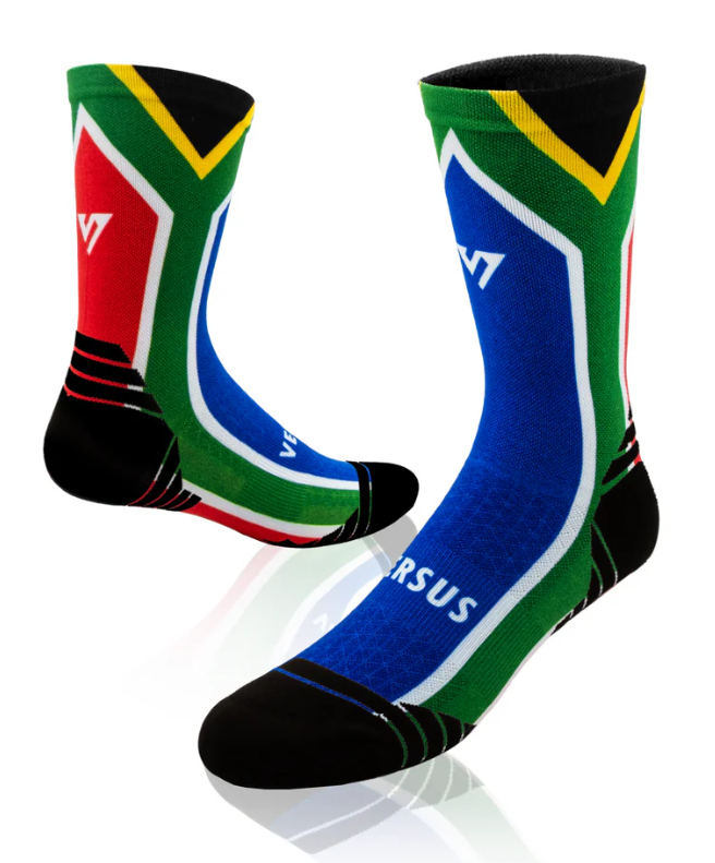 Colorful socks with a geometric design on a white background